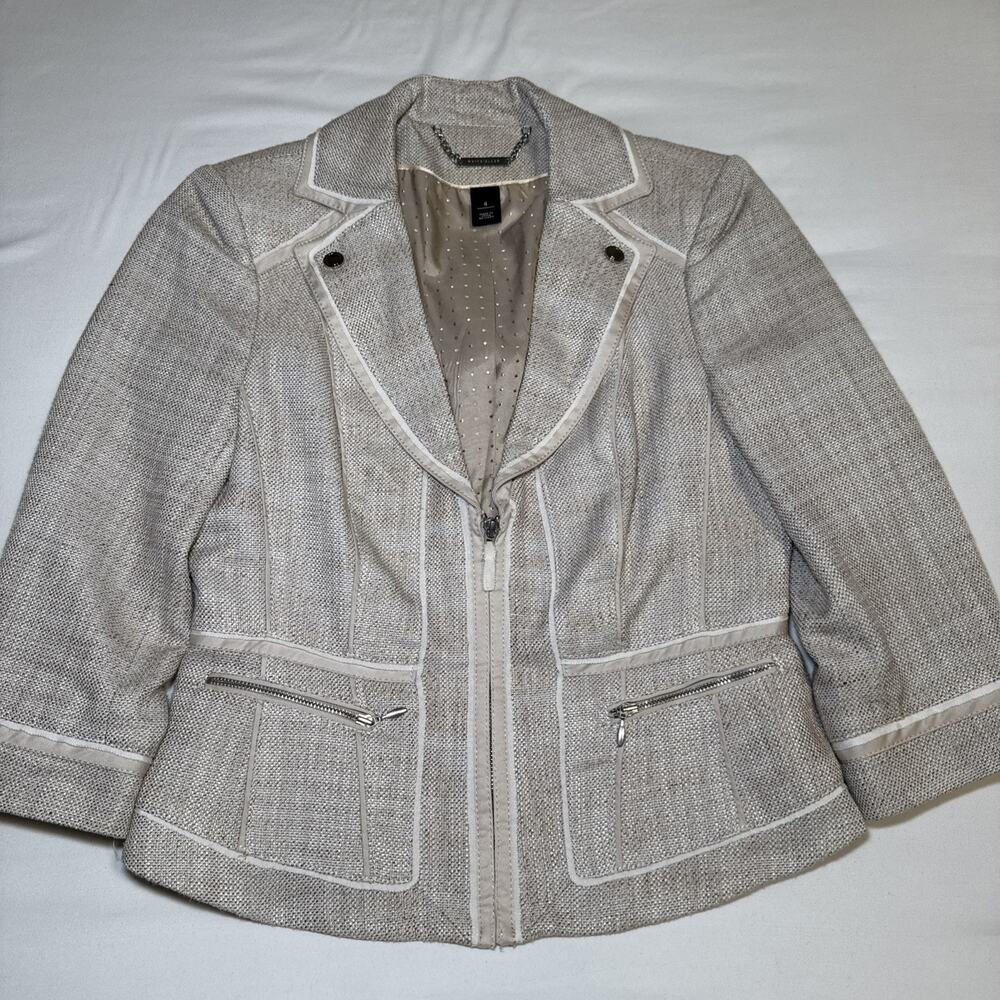 White House Black Market Tweed Beige Zip Jacket Blazer 3/4 Sleeve Womens 4 EUC